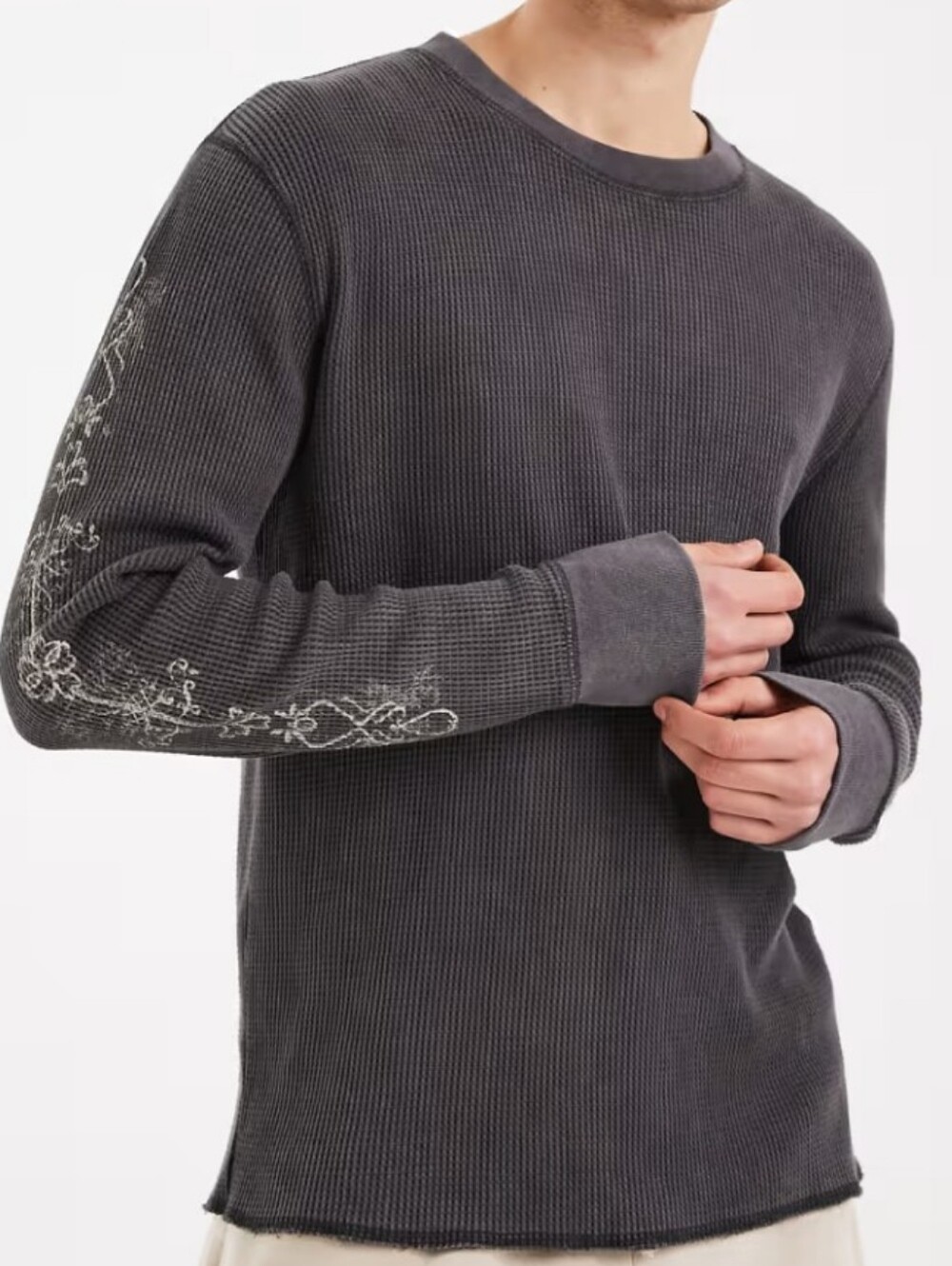 Hollister Men's long sleeve thermal top with sleeve graphic in charcoal